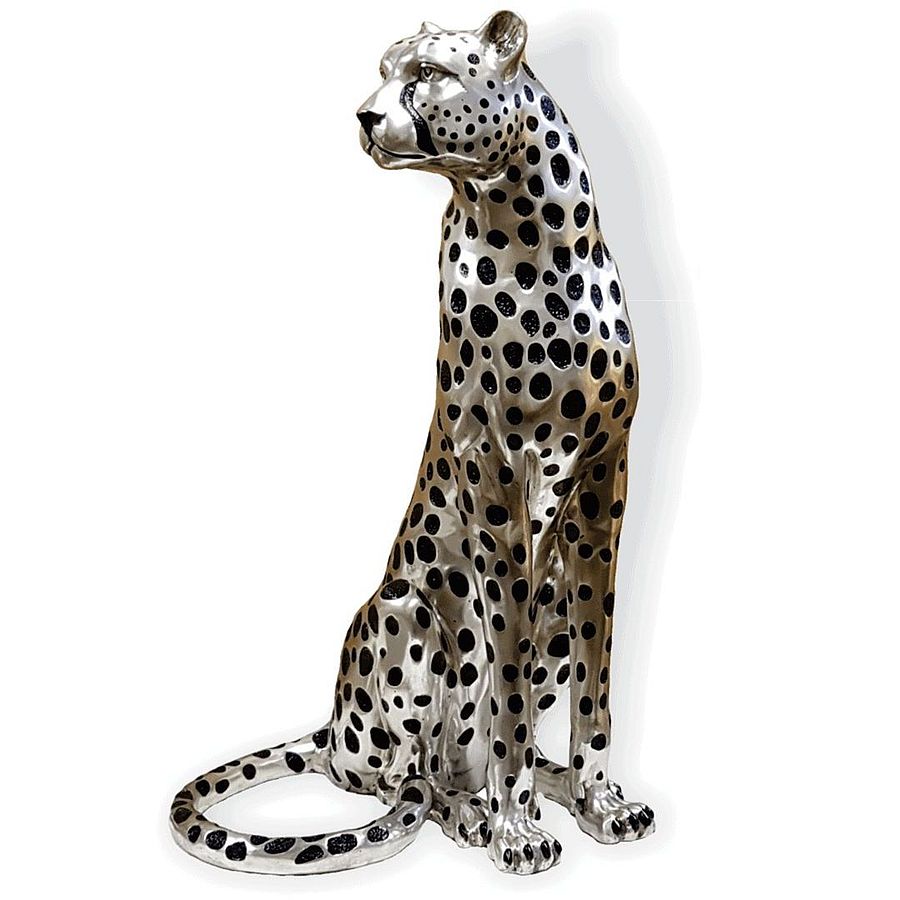 Cheetah Sitting silver & black sculpture (Life-size)